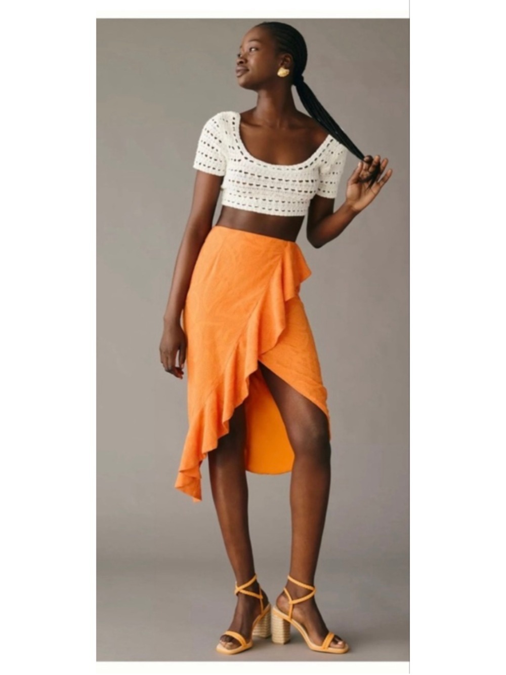 Anthropologie Maeve Orange Ruffle Wrap Skirt Embossed Midi Size 14